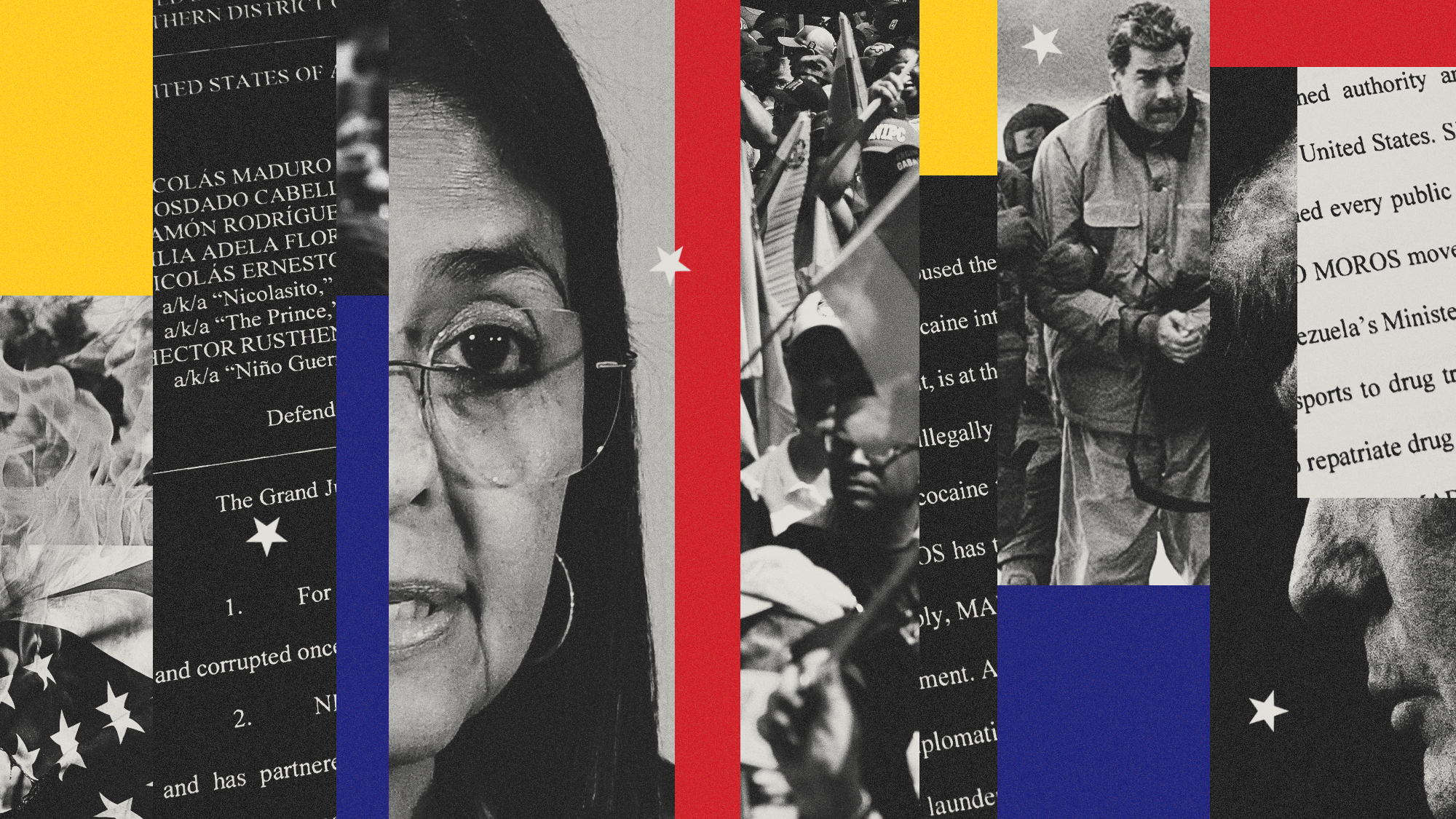 Photo composite illustration of Delcy Rodriguez, Nicolas Maduro, Donald Trump, Caracas protestors and a page from Maduro's indictment