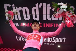 RIVOLI ITALY MAY 18 Geraint Thomas of The United Kingdom and Team INEOS Grenadiers celebrates at podium as Pink Leader Jersey winner during the 106th Giro dItalia 2023 Stage 12 a 185km stage from Bra to Rivoli UCIWT on May 18 2023 in Rivoli Italy Photo by Stuart FranklinGetty Images