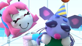 Screenshot from Home Paige's Kickstarter trailer, showing a polygonal pink-haired character hugging a blue mouse with a party hat on its head.