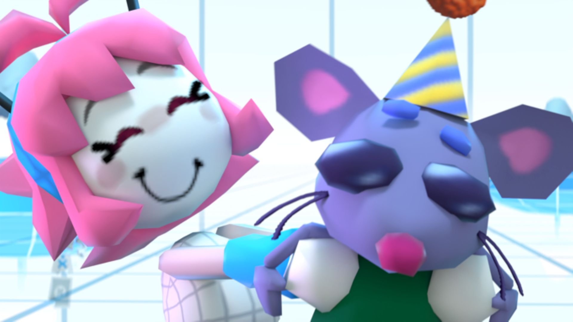 Screenshot from Home Paige's Kickstarter trailer, showing a polygonal pink-haired character hugging a blue mouse with a party hat on its head.