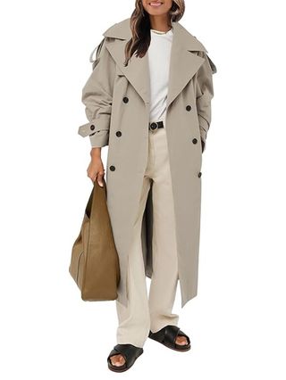 Farktop Womens Oversized Long Trench Coat Double Breasted Lapel Windproof Overcoat With Belt