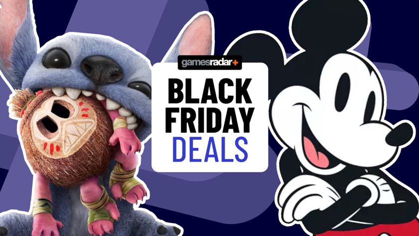 Mickey Mouse and Live-action Stitch holding a coconut in his mouth, on either side of a GamesRadar+ Black Friday deals badge