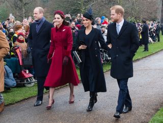 Prince William, Duke of Cambridge, Catherine, Duchess of Cambridge, Meghan, Duchess of Sussex and Prince Harry, Duke of Sussex attend Christmas Day Church service at Church of St Mary Magdalene on the Sandringham estate on December 25, 2018