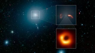 A distant galaxy with energy jets coming out of it, with a close-up image of a black hole inlaid