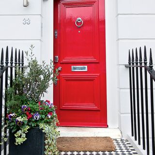 white wall with red door and gate with plants and shrubs