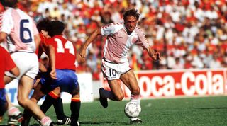 Preben Elkjaer of Denmark in action against Spain at the 1986 FIFA World Cup