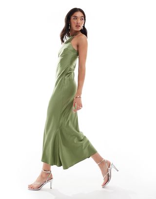 Asos Design Satin Racer Bias Maxi Dress in Khaki