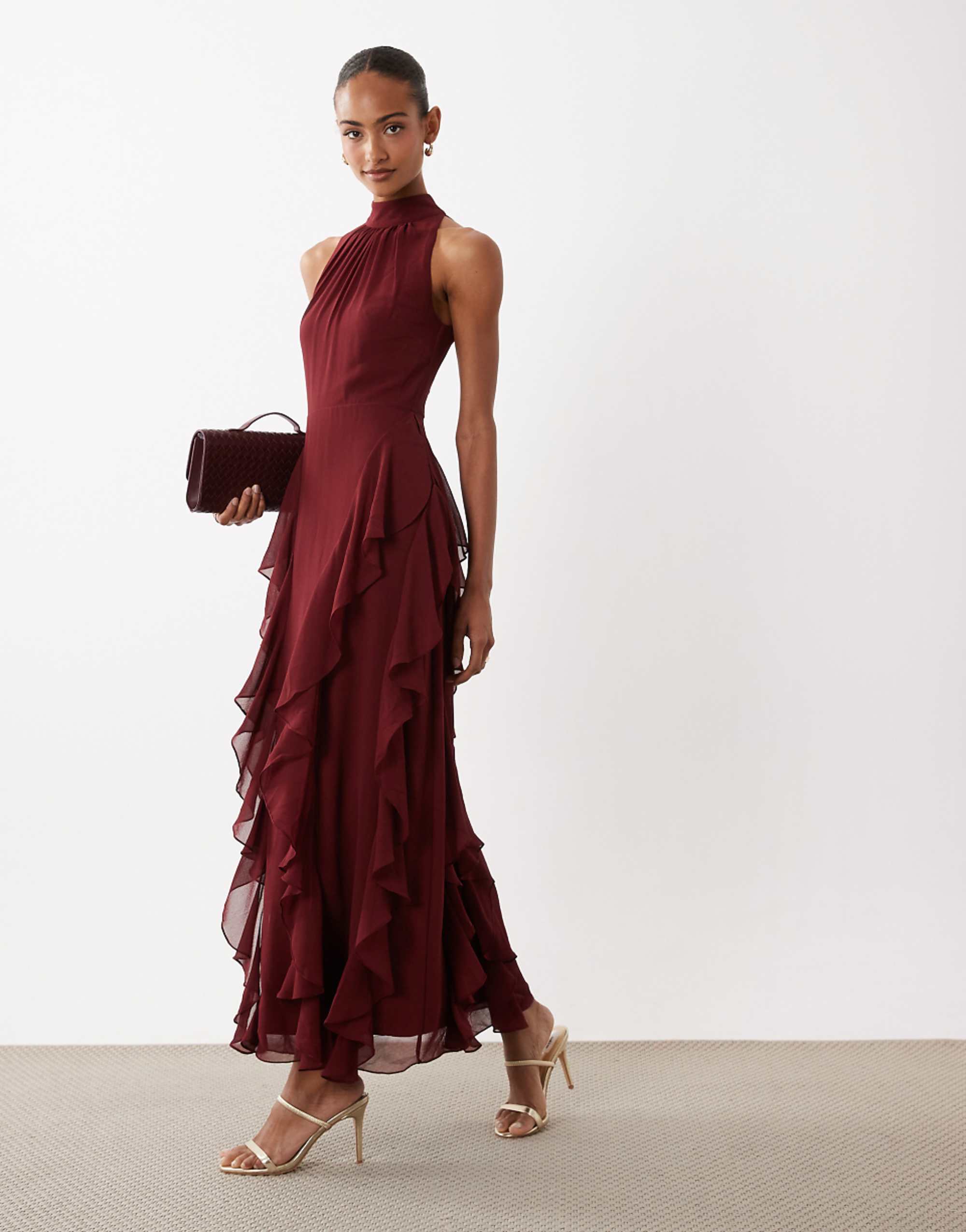 Lace &amp;amp; Beads High Neck Backless Ruffle Maxi Dress in Burgundy