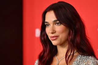 dua lipa poses on a red carpet with her auburn hair in a silver dress