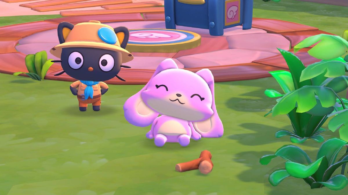 Player character and chococat sat next to a stick in Hello Kitty Island Adventure