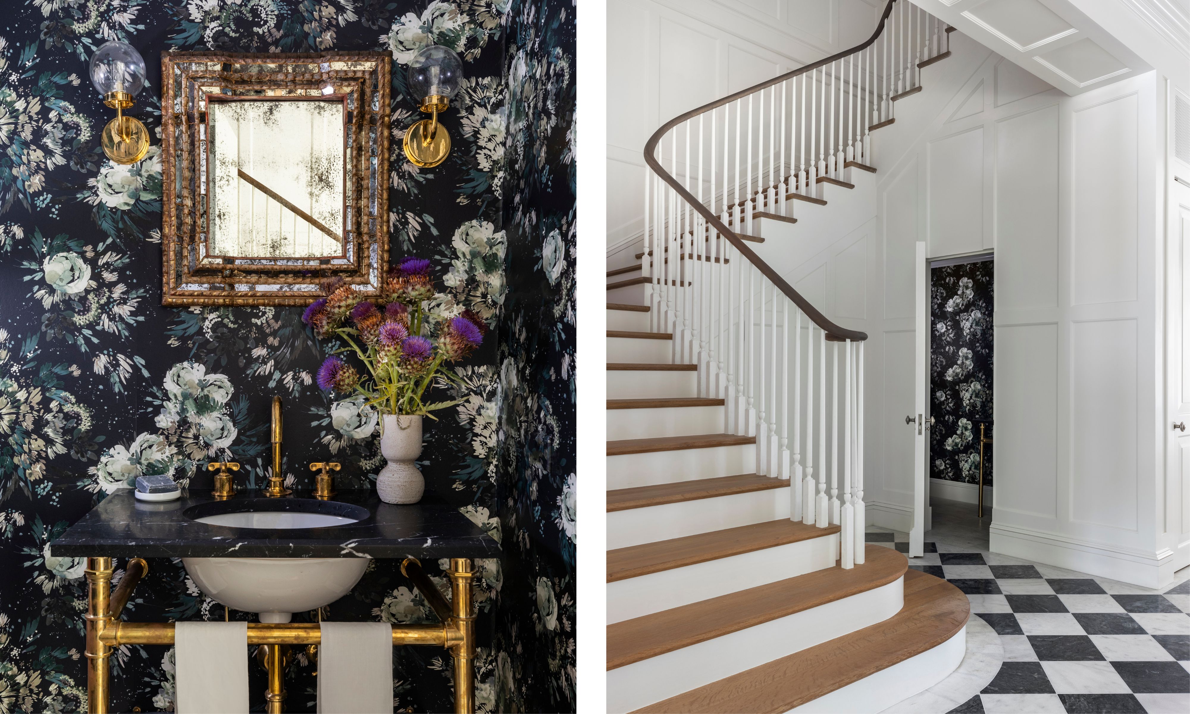two side by side imags, on the left a moody navy floral powder room and the right a grand hallway with paneling, sweeping staircase, and checkerboard floor