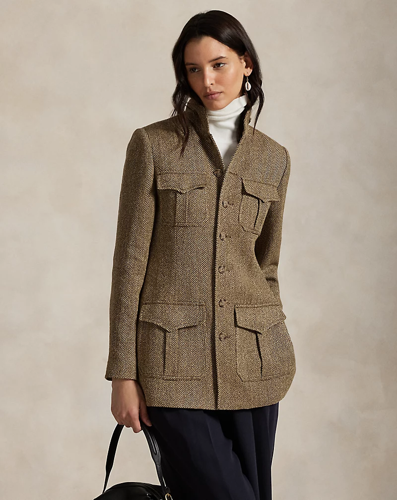 Linen Blend Herringbone Mockneck Jacket