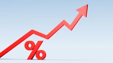 red arrow stair-stepping higher with a red percentage sign underneath, signifying rising interest rates