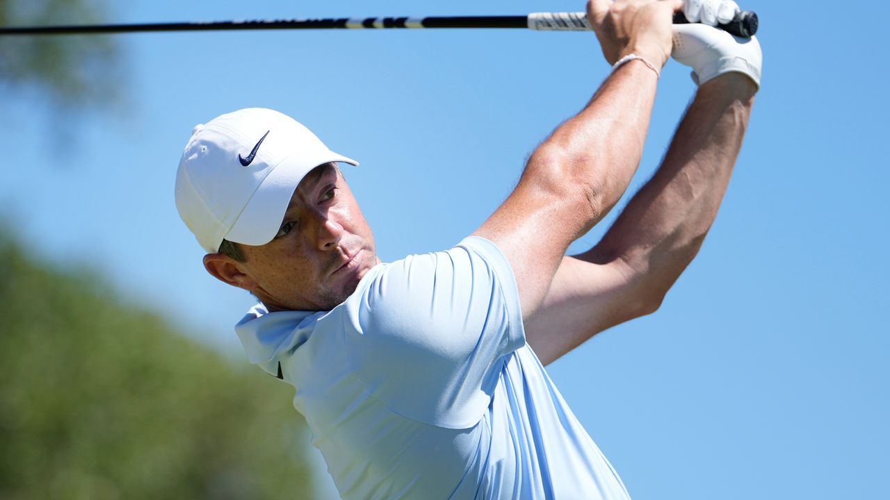 Rory McIlroy takes a shot in a practice round for the Valero Texas Open