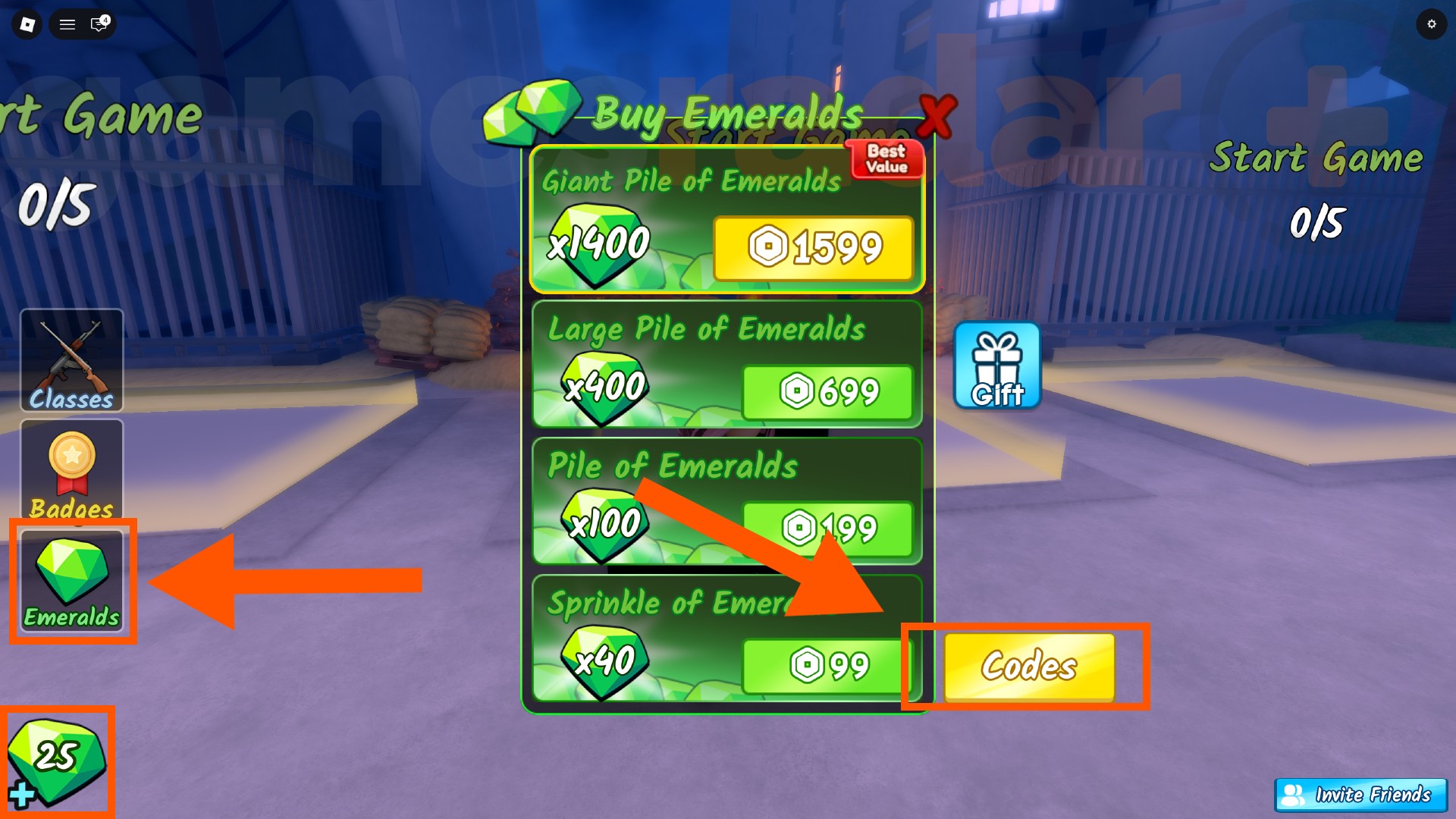 Orange arrows point to the buttons you need to click to redeem Survive the Apocalypse codes