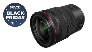 Canon RF 15-35mm f/2.8L IS USM lens on a white background with black friday camera deal badge