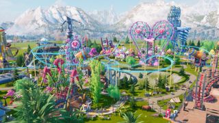 A colorful theme park full of rollercoasters and vendors