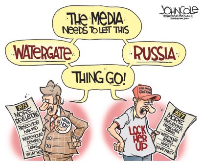 Political cartoon U.S. Trump Russia collusion Watergate Nixon news cycle media