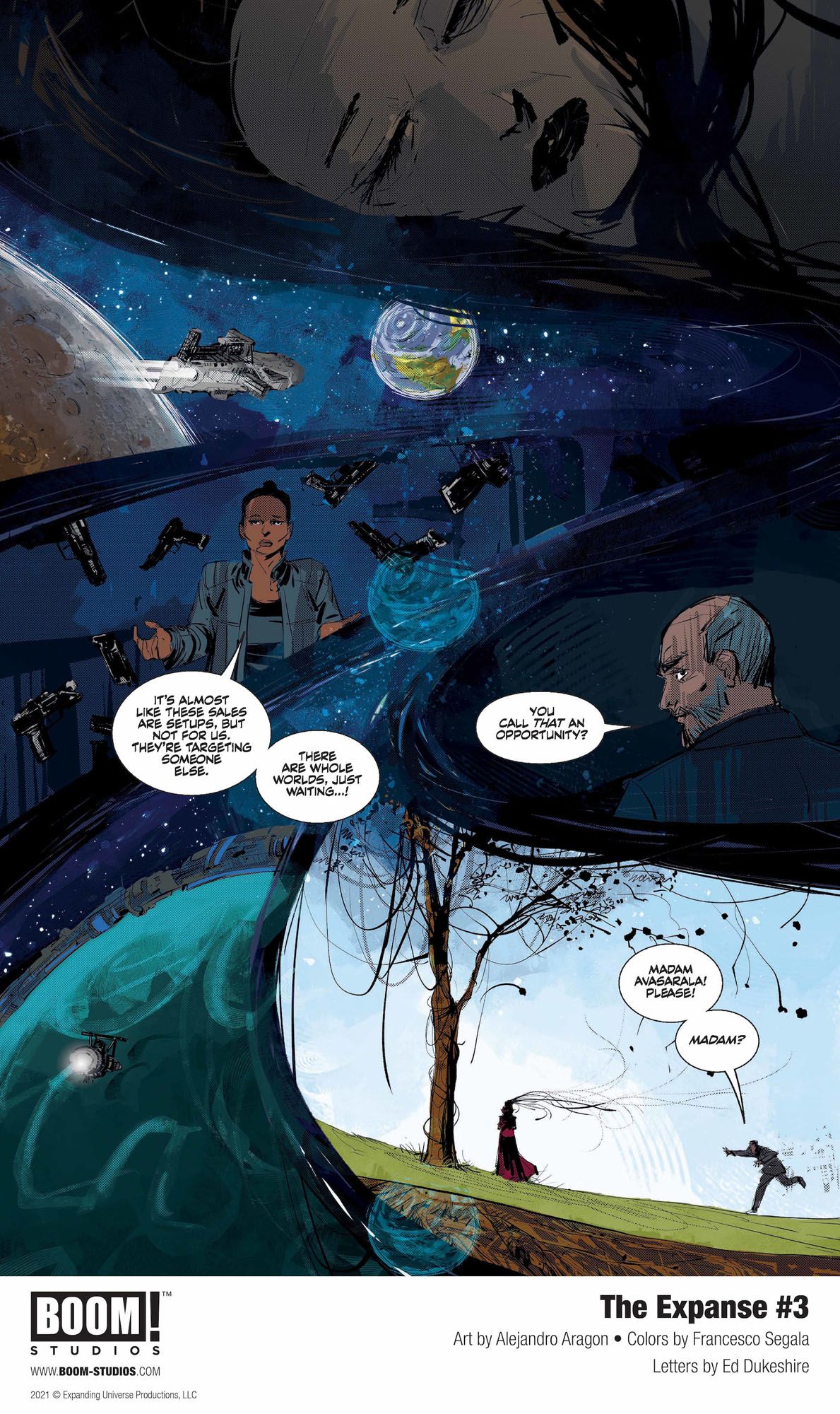 Avasarala and Bobbie face dire threats in "The Expanse" issue three of Boom! Studios' comic book miniseries.