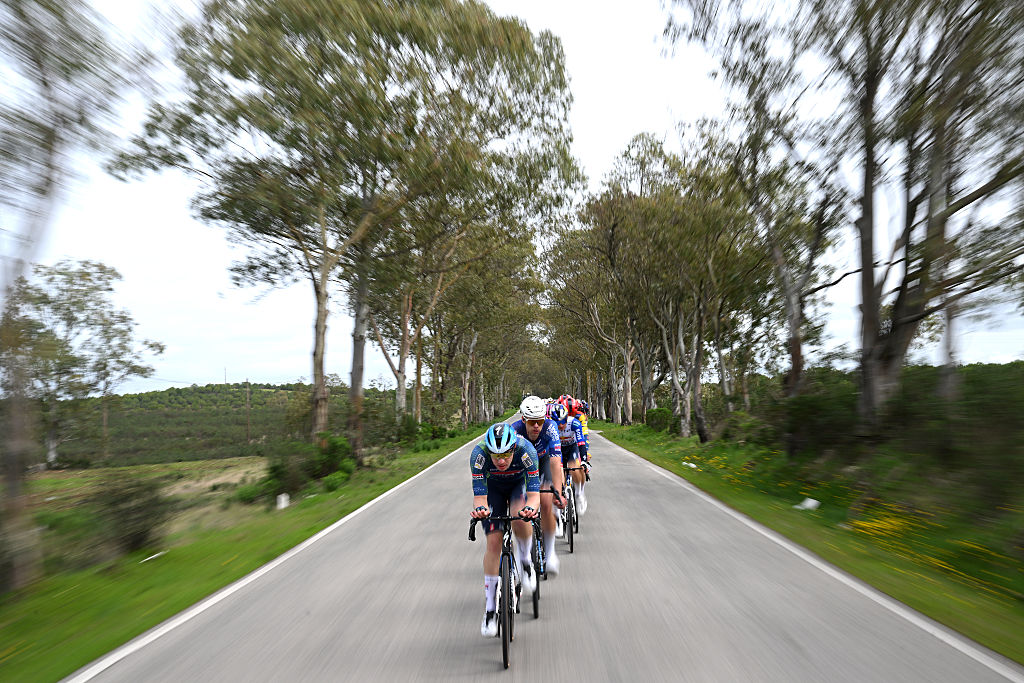 TAVIRA, PORTUGAL - FEBRUARY 18: Jonathan Vervenne of Belgium and Team Soudal Quick-Step leads the peloton during the 52nd Volta ao Algarve em Bicicleta 2026 - Stage 1 a 183.5km stage from Vila Real de Santo Antonio to Tavira on February 18, 2026 in Tavira, Portugal. (Photo by Dario Belingheri/Getty Images)