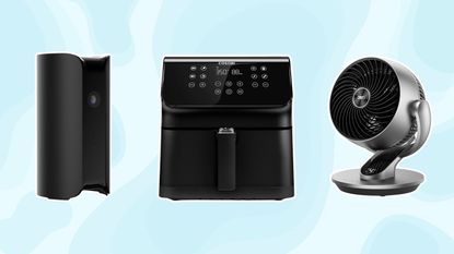 A security camera, air fryer, and fan on blue background