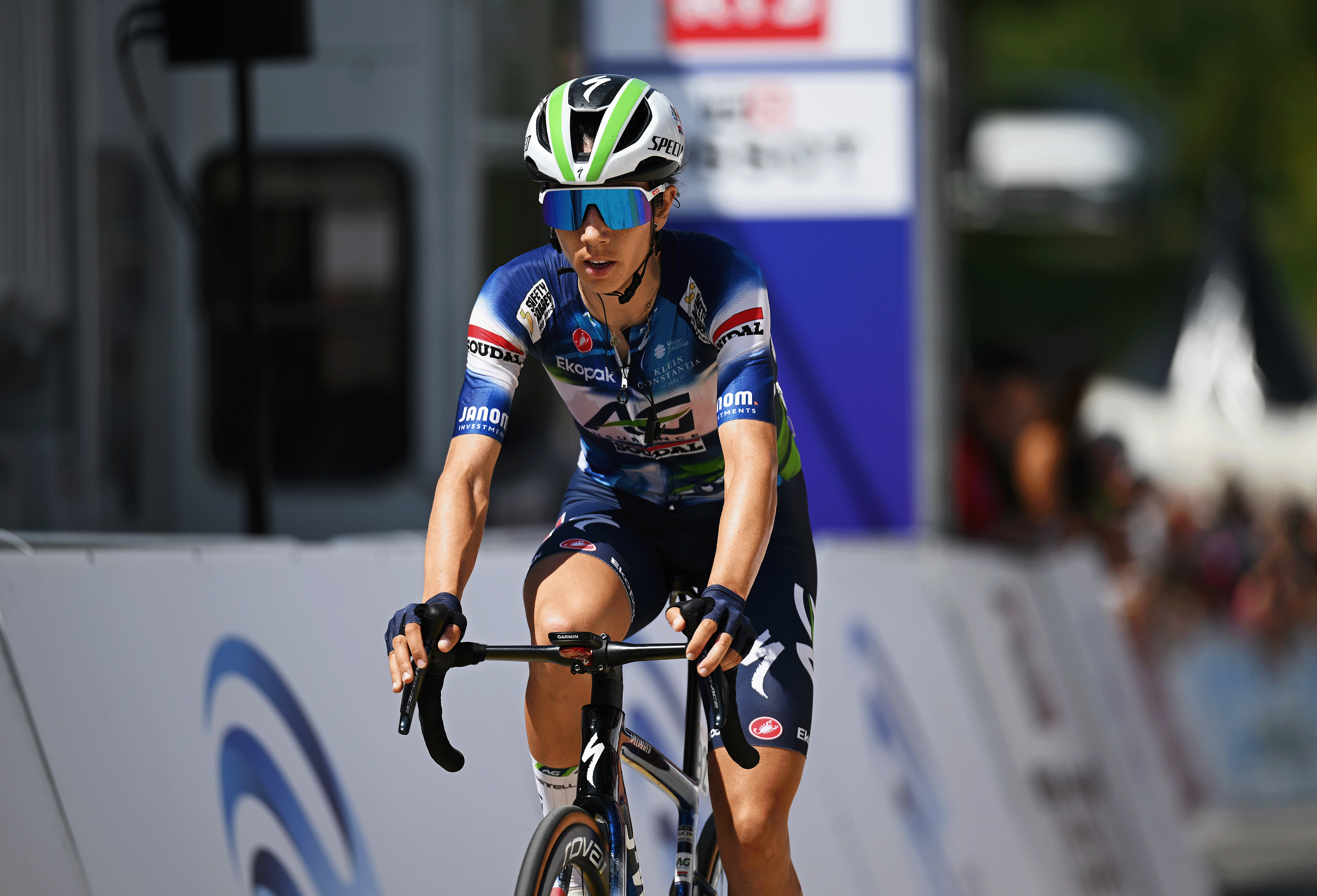 LA TZOUMAZ, SWITZERLAND - AUGUST 16: Mireia Benito of Spain and Team AG Insurance - Soudal crosses the finish line during the 4th Tour de Romandie Feminin 2025, Stage 2 a 123.2km stage from Conthey to La Tzoumaz 1522m / #UCIWWT / on August 16, 2025 in La Tzoumaz, Switzerland. (Photo by Dario Belingheri/Getty Images)