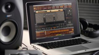 A MacBook with Amplitube amp simulator software running on it