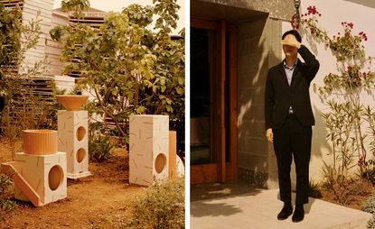 The photo to the left shows three birdbaths, made from terrazzo and terracotta. The photo to the right shows Teo Yang, shielding his eyes from the sun.