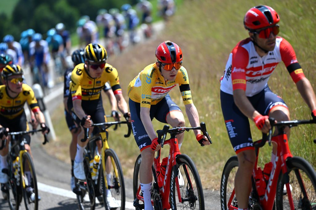 WEINFELDEN SWITZERLAND JUNE 17 Mattias Skjelmose Jensen of Denmark and Team TrekSegafredo Yellow leader jersey competes during the 86th Tour de Suisse 2023 Stage 7 a 1835km stage from Tbach to Weinfelden UCIWT on June 17 2023 in Weinfelden Switzerland Photo by Dario BelingheriGetty Images