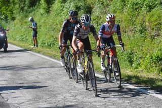 George Bennett and Gianluca Brambilla lead Chris Hamilton in the breakaway on stage 12 of the 2021 Giro d'Ialia