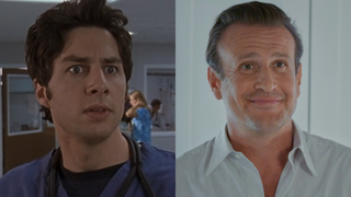 Zach Braff in Season 1 of Scrubs and Jason Segal in Shrinking