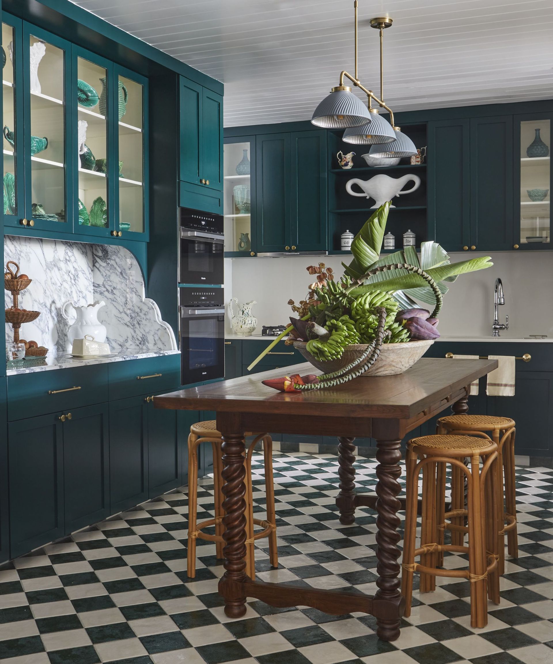 Blue cabinets, wooden kitchen island