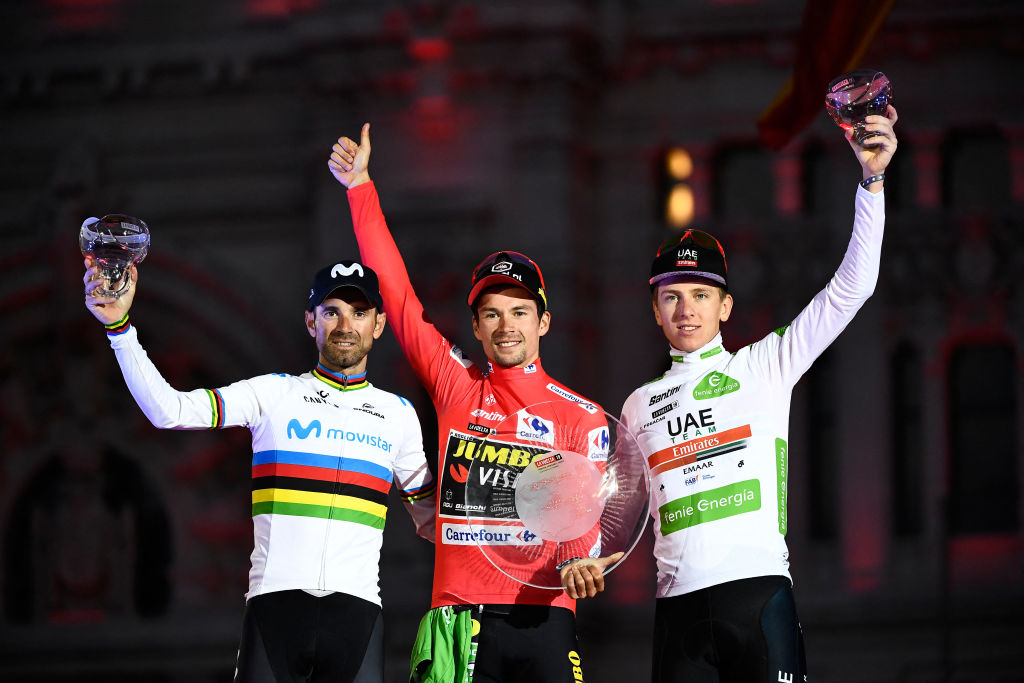 2019 Vuelta a España: Roglič celebrates the win alongside Alejandro Valverde, second, and Tadej Pogačar, third