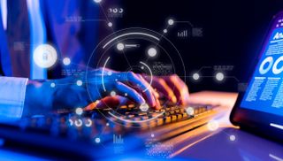 Password recovery concept image showing man typing on a keyboard with an overlay imitating password recovery and data recovery principles