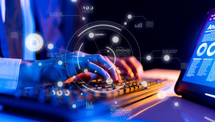 Password recovery concept image showing man typing on a keyboard with an overlay imitating password recovery and data recovery principles