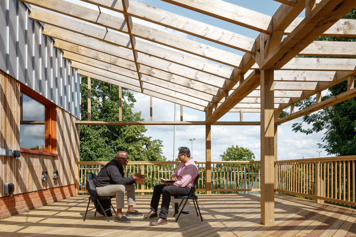 Wolves Lane Centre, a community space in a leafy garden made of wood, earth and other natural and sustainable materials