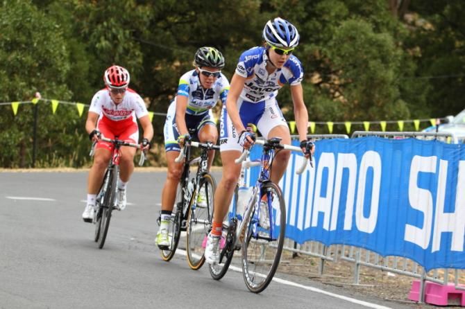 Lisa Jacobs (Team Jayco-VIS) leads Jessie Maclean (Orica - AIS) and Rebecca Werner (Specialized - Securitor) in the break