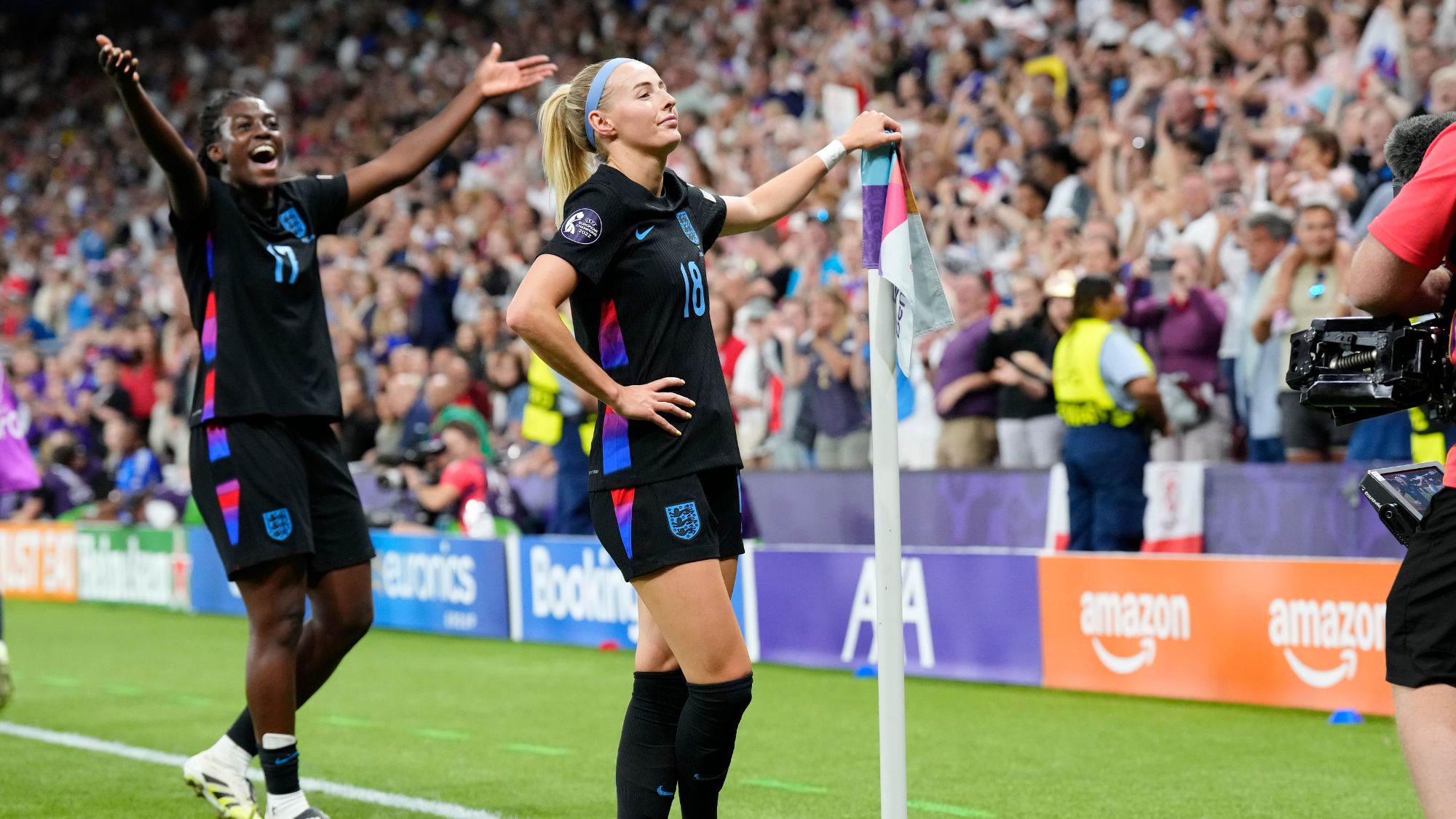 Chloe Kelly forward of England and Arsenal FC celebrates after scoring her sides first goal during the UEFA Womens EURO 2025 Semi-Final match between England and Italy at Stade de Geneve on July 22, 2025 in Geneva, Switzerland. (Photo by Jose Breton/Pics Action/NurPhoto via Getty Images)