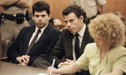 Lyle (left) and Erik Galen Menendez (right) sit in a Beverly Hills, Calif., courtroom, May 14, 1990.