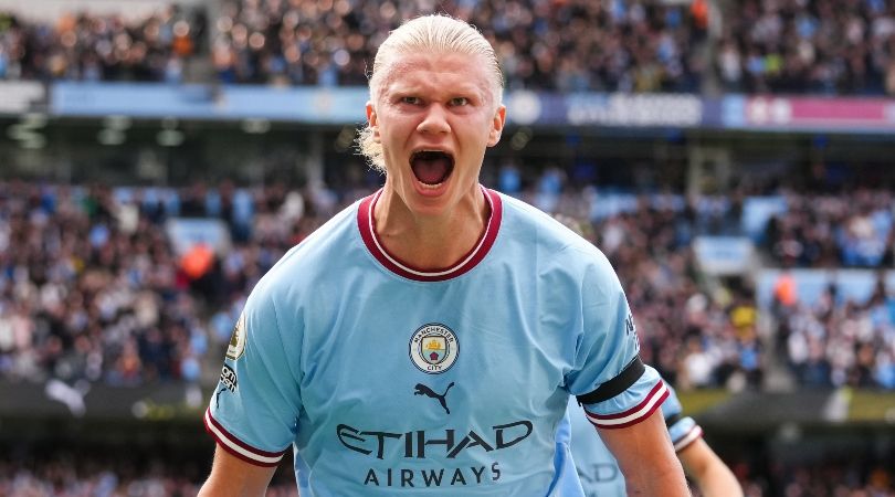 MAnchester City striker Erling Haaland celebrates after scoring against Manchester United in October 2022.