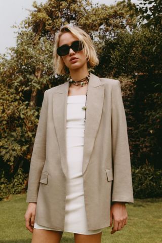 Zara Linen Blend Roll Up Sleeve Open Front Blazer
