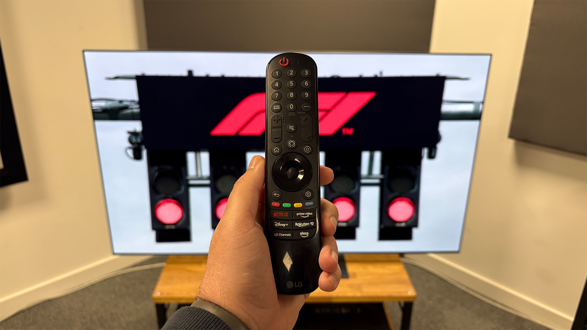 A close-up of the LG G5 OLED TV's remote control.