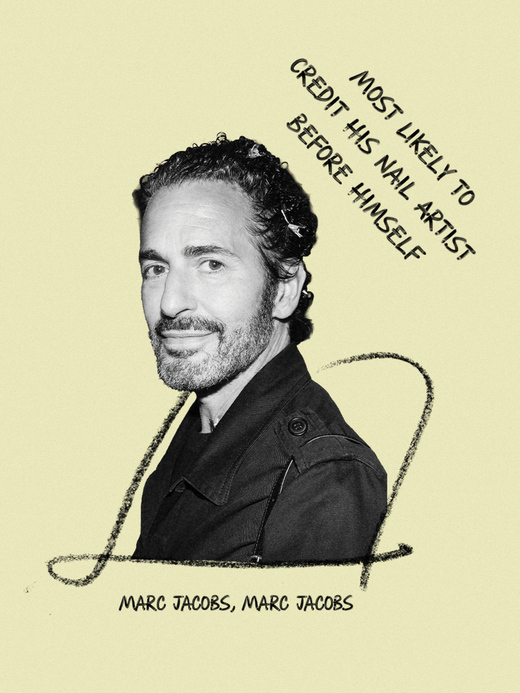 Marc Jacobs poses at the opening night of Dylan Mulvaney's show &amp;quot;The Least Problematic Woman in the World.&amp;quot; On the slide, it says, &amp;quot;Most Likely to Credit His Nail Artist Before Himself.&amp;quot;