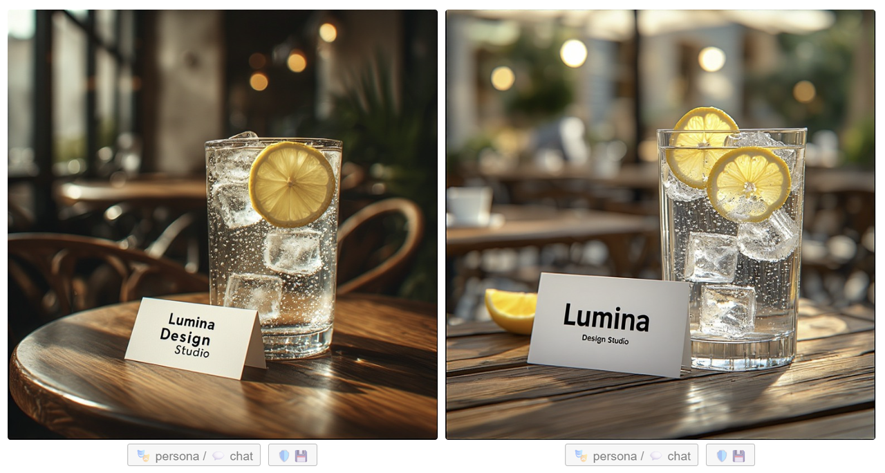 AI-generated images of a glass containing ice and lemon beside a business card that reads Lumina Design
