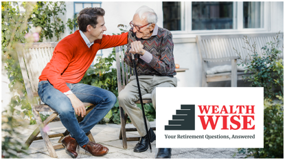 A man puts his elderly father on the back. His father is hunched over and holds a cane, but is smiling.