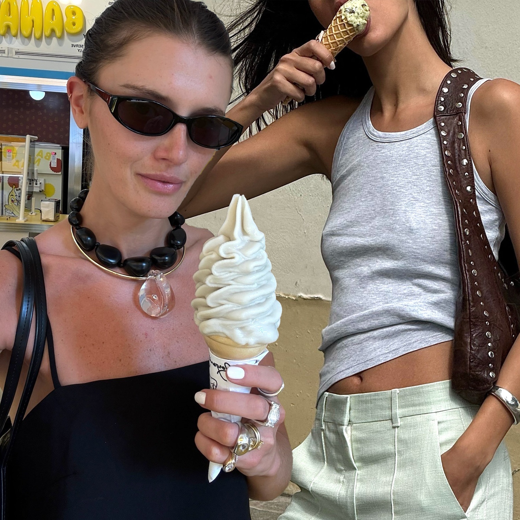 style collage of influencers Coco Schiffer and Salome Mory eating ice cream cones wearing chic outfits with details like a statement pendant necklace, a studded bag, and other cool basics