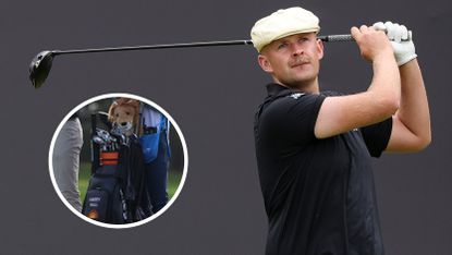 Harry Hall hits a tee shot, with a close up of his bag