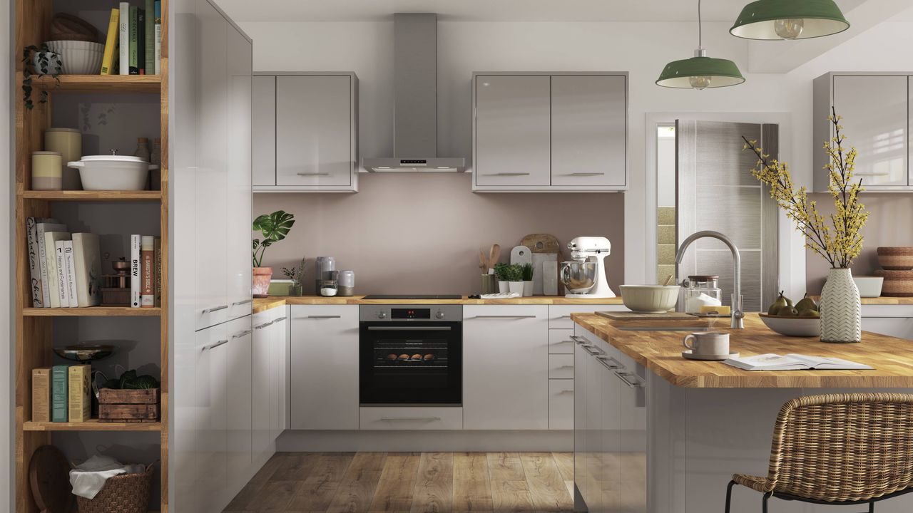 Benchmarx grey kitchen with grey gloss cabinets, wooden worktops, and a wooden shelving unit to the left, with wooden floor