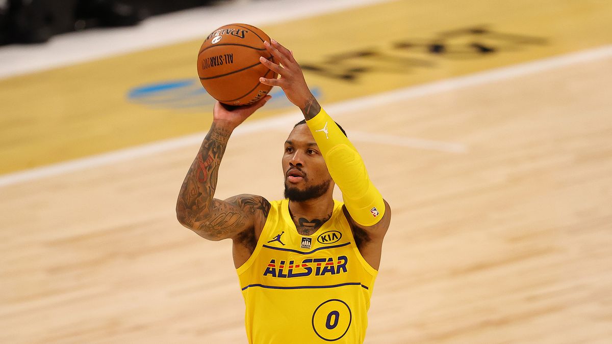 Damian Lillard #0 of Team James against Team Durant during the second half in the 70th NBA All-Star Game at State Farm Arena on March 7, 2021 in Atlanta, Georgia.