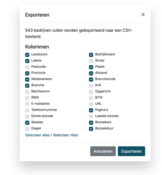 Als je database wil exporteren, kan je zelf kiezen welke informatie wordt gedownload.